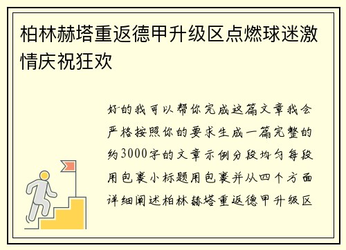 柏林赫塔重返德甲升级区点燃球迷激情庆祝狂欢